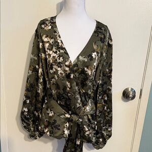 INC International Concepts Olive Floral Wrap Blouse
